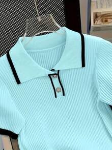 Women's Casual Contrast Color Cuff Button Collar Knit Top, Suitable For Summer, Valentine's Day, Elegant Dress, Holiday Outfits - Blue - View 4