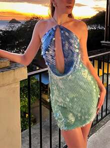 Women Halter Neck Dress Casual Contrast Colors Sequins Cowl Neck Backless Mini Party Dress For Beach Club Streetwear