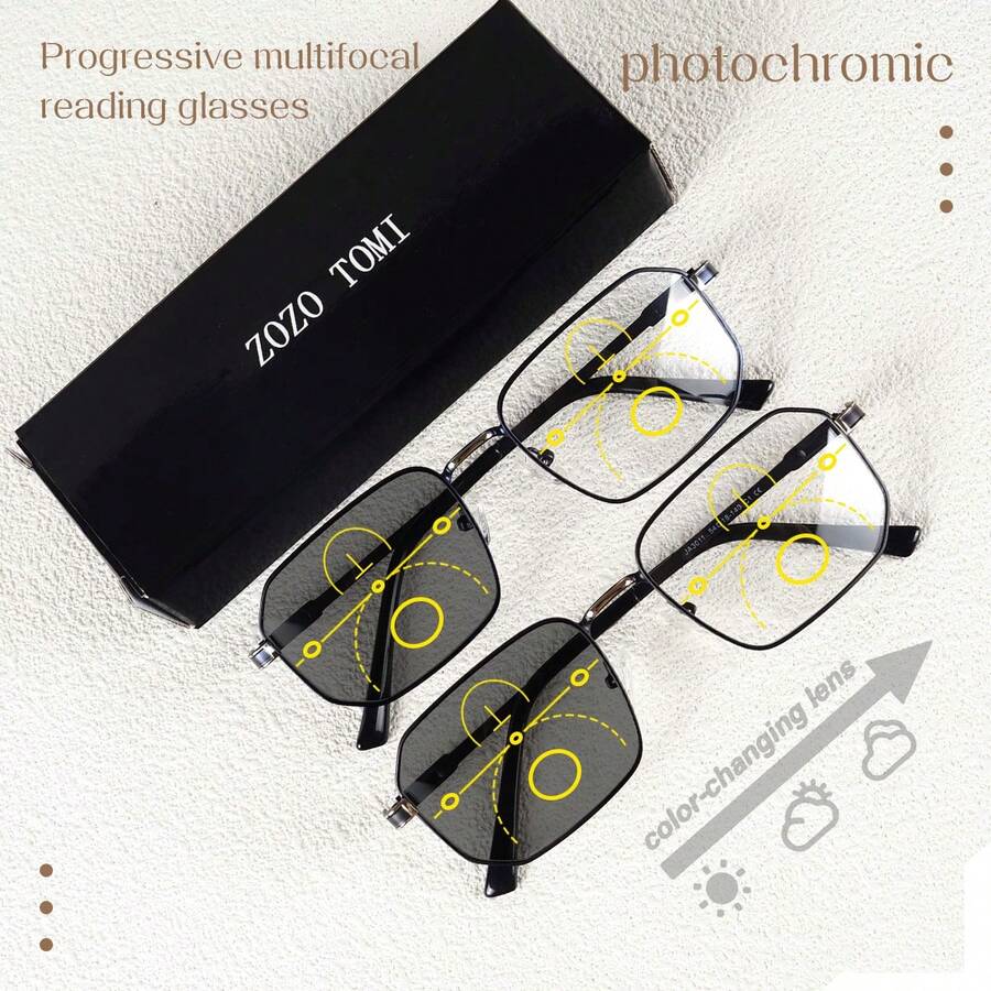渐进多焦点老花镜，光致变色，时尚金属矩形镜框，金属弹簧铰链，男女通用