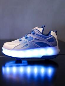 GUANGLAN USB Rechargeable LED Light Up Shoes, 7-Color Changing Luminous Sneakers, Mesh Surface, Suitable For Spring/Summer/Autumn, Roller Skating Shoes For Kids, Teens, Boys, Girls, Students, Athletic Shoes, Chunky Chunky Sneakers With Wheels - Blue - View 11