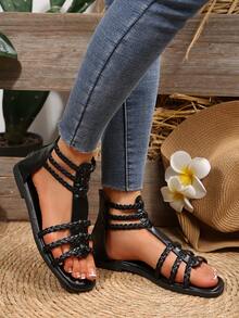 青少年黑色编织带平底凉鞋，舒适透气学生鞋，后跟拉链 - 黑色 - 查看 7