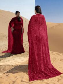 Faeriesty Plus Size Mock Neck Beaded Cape-Sleeve Fishtail Evening Gown With Dramatic Overlay & Intricate Embroidery Dress For Red Carpet Galas, Black-Tie Weddings, Award Ceremonies