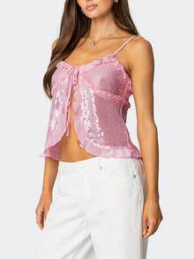 Women Y2k Sequin Cami Top Sparkly Sleeveless Backless Halter Top Summer Going Out Top Glitter Camisole Clubwear - 粉色 - 查看 2