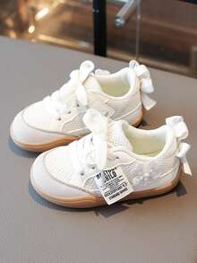 1 par de zapatos deportivos cómodos y duraderos con diseño de flores y lazos para niñas/niños, aptos para uso en exteriores - Beis - Ver 1