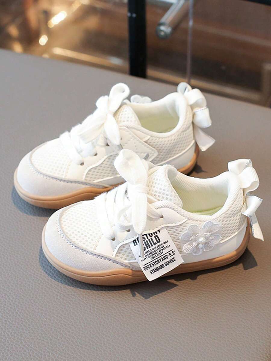 1 par de zapatos deportivos cómodos y duraderos con diseño de flores y lazos para niñas/niños, aptos para uso en exteriores - Beis - Ver 1