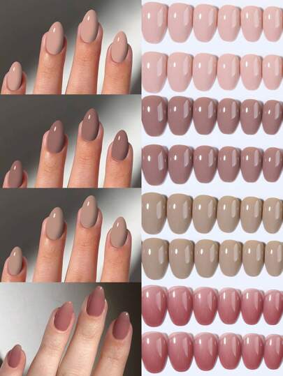 96 قطعة/علبة (4 ألوان مختلطة) أظافر اصطناعية قصيرة بشكل بيضاوي بألوان بنية، أطراف أظافر أكريليك قصيرة كاملة الغطاء، تحتوي على 1 قطعة من الغراء الجيلي و1 قطعة من ملف الأظافر، مع علبة تخزين، مناسبة للنساء والفتيات للاستخدام اليومي وحفلات