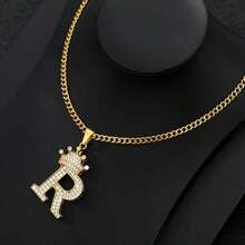 Collar con colgante de letra con corona de circonita para hombres y mujeres, collar de cadena con inicial tipo hip hop, regalo de joyería para mejores amigos - collar - Ver 17