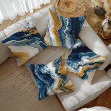 4pcs Blue & Gold Marble Pattern Throw Pillow Covers, 17.7*17.7in (45*45cm), [Single-Sided Printing], Animal Print Polyester Cushion Covers, Room Decor, Home Decor, Bedroom Decor, Room Decoration Stuff For Sofa, Bed, Living Room, Bedroom, Car, Office, Hotel, Suitable For All Seasons, Perfect Gift For Family & Friends