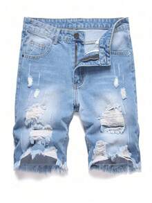 Men's Fashionable Casual Outdoor Activities Street Versatile Comfortable Ripped Denim Shorts, Emo Style - Light Wash - View 1