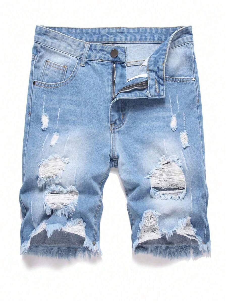 Men's Fashionable Casual Outdoor Activities Street Versatile Comfortable Ripped Denim Shorts, Emo Style - Light Wash - View 1