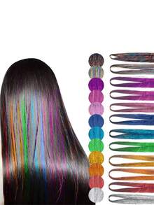 12pcs/Set Metallic Hair Tinsel Extensions, Suitable For Girls 7600 Strands Holographic Metallic Hair Tinsel, Heat Resistant, Colorful Hair Sparkle For Party/Festival (12 Colors) - Multicolor - View 5