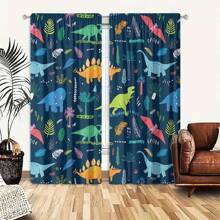 2 piezas de cortinas con estampado de dinosaurios juguetones - filtro de luz, diseño de bolsillo para vara para dormitorio, sala de estar, decoración de oficina - poliéster duradero, lavable a máquina
