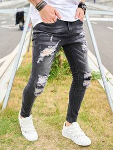 Jeans skinny délavés et déchirés pour hommes, pantalon casual slim ajusté coréen de mode de rue haute gris et noir lavé et élastique - Noir - Voir 4