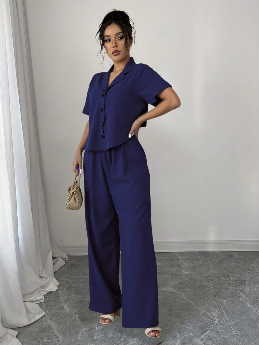 Set de 2 piezas de conjunto de pantalones y blusa con botones de unicolor para vacaciones - Azul Marino - Ver 1