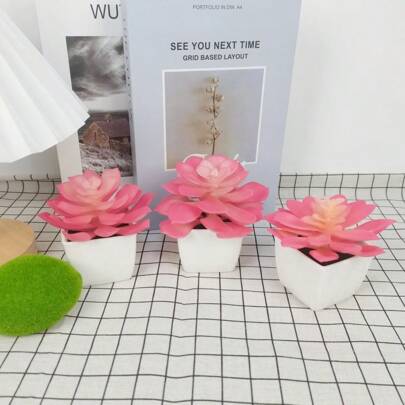 3 stuks 10 cm roze en blauwe kunstpotplanten, kunststof kunstbladeren, onderhoudsvrij, decoratie voor thuis/op kantoor, geschikt voor feestdagen, bruiloften en restaurantdecoratie