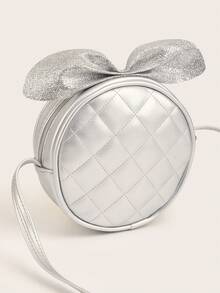 1pc Girls Shiny Cute Glitter Bow Design Round Mini Crossbody Bag, For Daily Use - Silver - View 5