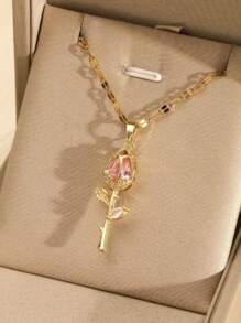 1pc Women's Fashionable Gold Color Necklace, New Korean And European Style Necklace With Cat Eye Tulip Pendant, Lightweight Luxurious Zirconia Rotating Snowflake Pendant Necklace