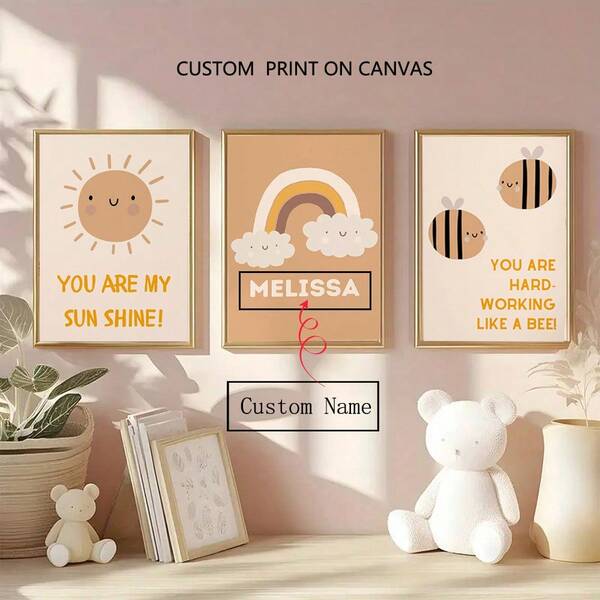 3 Stücke/Set personalisierte Leinwand Poster wahlweise mit Rahmen, personalisierter Name, "Du bist mein Sonnenschein", Honigbienen Kinderzimmer Wandkunst, personalisierte Boho Regenbogen Muster Poster, personalisierte Wandkunst, Boho Regenbogen Muster 3 Stücke Wanddekoration