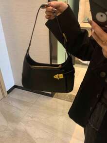 纯色 PU 皮革材质 小众设计腋下包 优雅百搭 工作/通勤单肩手提包 黑色 - 黑色 - 查看 3