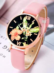 5er Set Damen Uhr mit pinkem PU Lederarmband, Quarzuhr mit modischem Strass-besetztem geometrischem Ziffernblatt, verzaubernd mit mehrfarbiger Kristall Blumen Halskette, Ohrringe, Ringe, eleganter und feiner Schmuck für den täglichen Trag, Schulanfang, Abschlussfeier, Erntedankfest, Paare, die perfekten Geschenkideen, Uhrenbox nicht enthalten