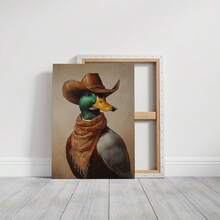 1/3 件牛仔鸭子壁画，西部野鸭肖像，乡村农舍装饰，有趣的动物印花，乡村鸭子帆布画，异想天开的牛仔画，无框/有框