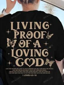 Summer Christian Graphic T-Shirt, Bible Verse Print "Living Proof Of A Loving God, I John 4:9-10", Casual Loose Fit Batwing Short Sleeve Tee, Suitable For Summer Vacation & Christian Women