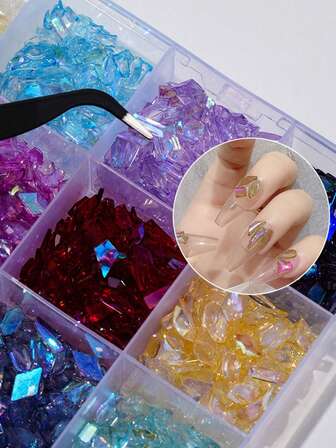 12 颗/盒 Aurora 美甲水钻，各种形状和颜色的闪亮扁平宝石，适用于 DIY 美甲装饰和美甲配件美甲用品指甲美甲饰品