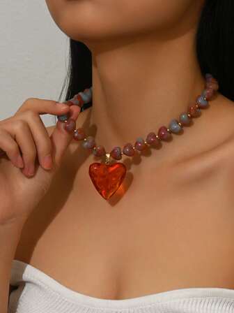 1pc Elegant Fashion Personalized Gold Heart, Orange Red Resin 3D Heart Pendant Necklace, French Drip Oil, Gold Chain, Asymmetrical Beaded Styles, Quality Necklace For Women, Suitable For Daily Wear, Vacation, Party, Matching Sexy Outfits. Please Understand That Each Resin Pendant Has An Injection Molding Gate At The Bottom.