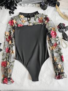 1pc Elegant Vintage Floral Embroidery Mesh Puff Sleeve Bodysuit For Women
