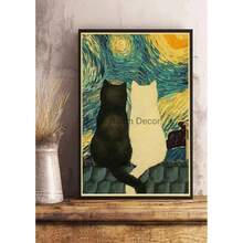1pc Wall Arts Posters Optional Frame Vintage Van Gogh Monet Waterlily Black Cat Posters Coffee Stickers Kraft Paper Living Community Bar Art Painting Home Room Decoration ,Wall Art With Frame - Multicolor - View 13