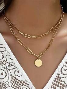1pc Double Layer Round Pendant Necklace, Everyday Wear - Yellow Gold - View 8