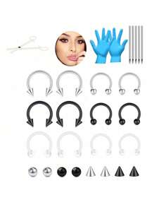 31-33PCS Septum Piercing Kit,16G Surgical Steel Mixed-Size Nose Septum Retainer Rings 14G Piercing Needles Kit Horseshoe Cartilage Helix Tragus Earring Hoop Eyebrow Retainer