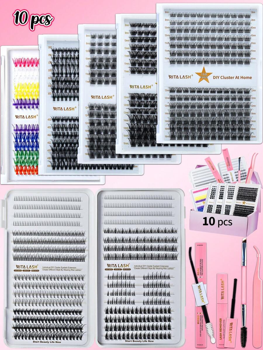 RITALASH 280pcs D Curl Christmas Gift Cluster Lash Kit DIY Eyelash Extensions Long Individual Lashes Mixed Tray Lash Clusters Extensions DIY Cluster Lash At Home With Bond And Seal Applicator Cluster Lash Remover And Lash Brush - Black - View 1