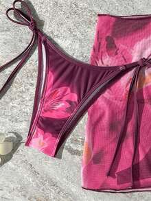 3pcs Ombre Tropical Floral Print Bikini Set For Women, Adjustable Bikini Straps, Tie Side Briefs, Flowy Coverup Dress For Beach & Party - Purple - View 4