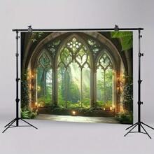1 Decoración de fondo de fotografía de fibra de poliéster con ventana de catedral gótica en el bosque gótico, gran bandera de decoración de pared para estudio de fotografía, boda, cumpleaños, aniversario, hogar de las cuatro estaciones y decoración de evento del jardín