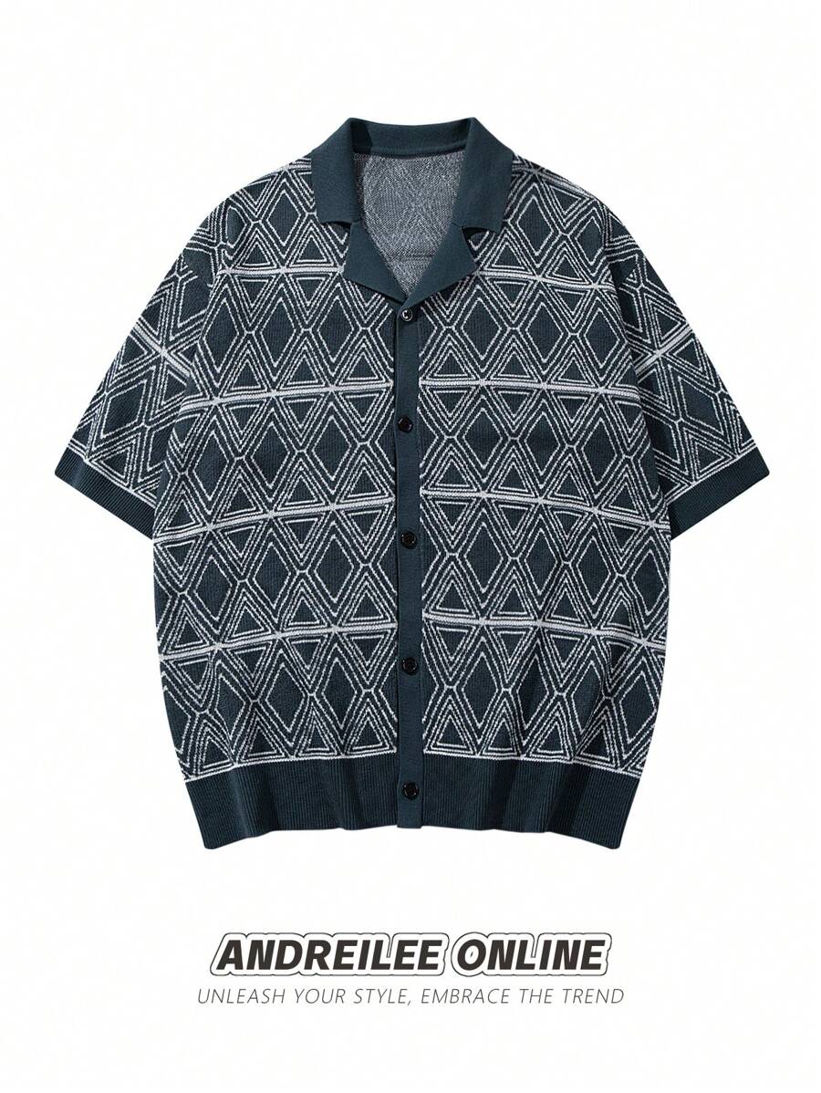男女款休闲宽松菱形图案前开V领短袖上衣，春夏