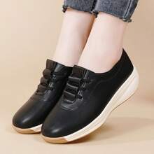 Women's Casual Height-Increasing Wedge Loafers - Lightweight, Versatile Slip-On Shoes With TPR Sole, Synthetic Upper & Insole, Lace-Up Design, Black, All-Season Comfort, Casual Footwear | Casual Style | Footwear