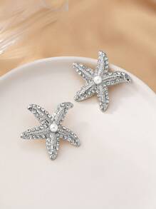 1 Pair Women's Elegant Diamond-Studded Starfish Stud Earrings, Shiny & Suitable For Everyday And Holiday Wear