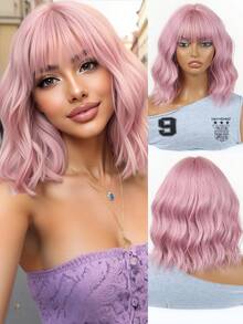 Pink Bob Wigs For Women Curly Wavy Wigs With Bangs Short Heat Resistant Synthetic Wigs For Party Costume Daily Wear Colorful Wigs - 粉色 - 查看 2