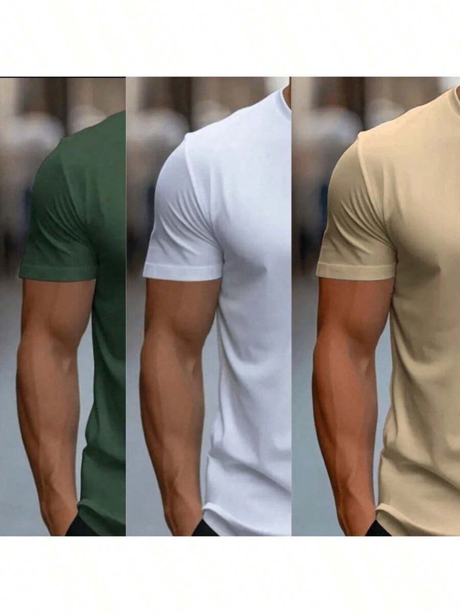 Kit Of 3 Men's Plain T-Shirts Premium Combed Mesh 100% Cotton Basic Summer - Khaki - View 1