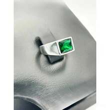 Men's Stainless Steel Gold Silver Small Green Stone Ring - Silver - View 2