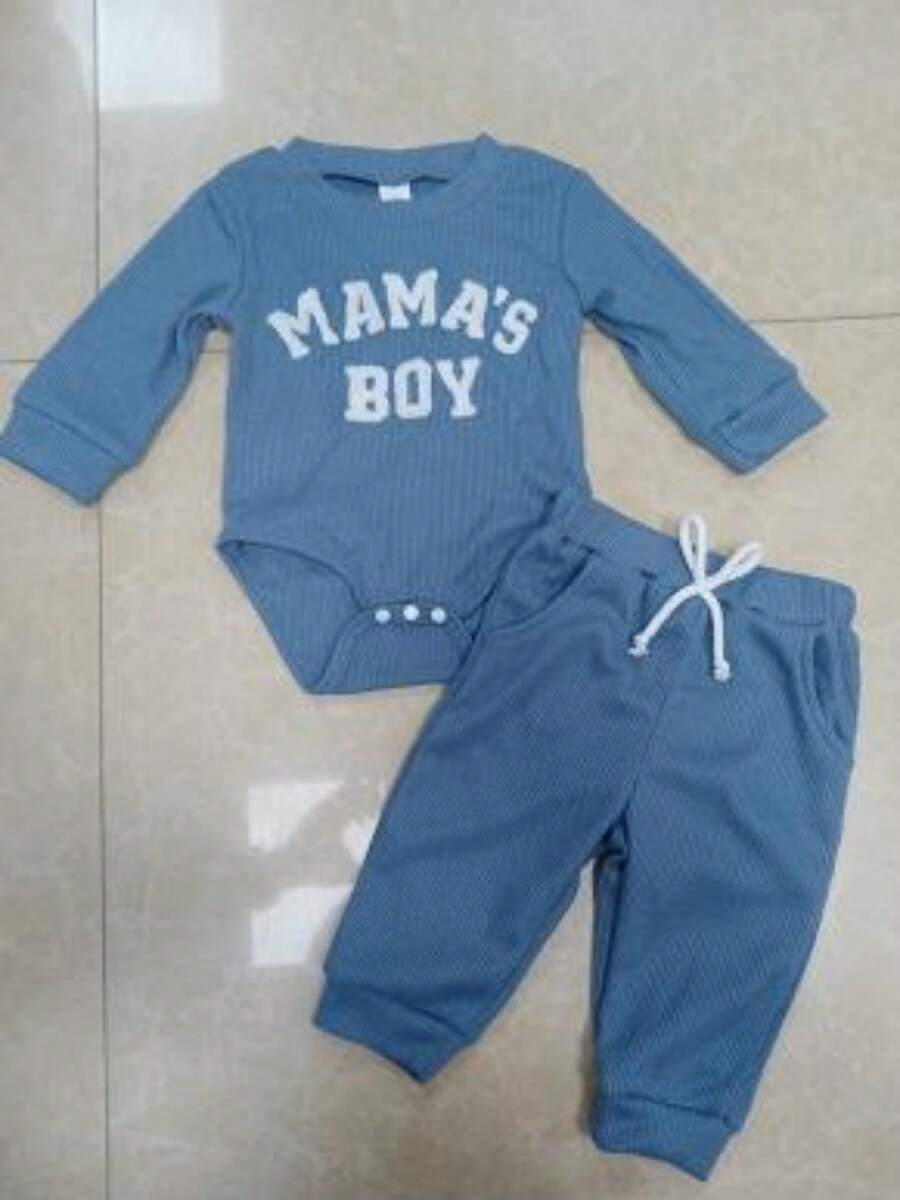 Conjunto de otoño para bebé recién nacido, mameluco de manga larga bordado, pantalones con cintura elástica lisa, conjunto de 2 piezas con estampado de gofres - Azul - Ver 1