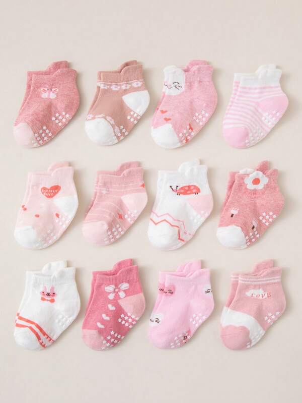 12 Pairs Girls Anti-Slip Bottom Ankle Socks, Cartoon Floor Grip Toddler Socks