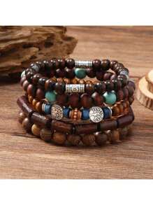 5pcs/Set Vintage Simple Fashion Elastic Cool Bracelet, Wood Bead & Coconut Shell Bracelet, Suitable For Men/Women/Couples' Daily Casual & Commuting Decoration