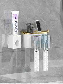 Gold-Plated Toothbrush Holder Toothpaste Holder Mouthwash Cup Wall-Mounted Toothbrush Cup Household Toothbrush Holder Toothpaste Squeezer Bathroom Decor Summer - family of two - View 15
