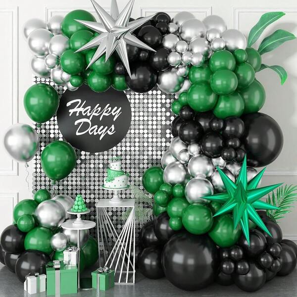 100 pièces Ensemble de guirlande de ballons, comprenant des ballons en latex noirs, verts et argentés ainsi que des ballons en forme d'étoile explosante en feuille, parfait pour les décorations de fête d'anniversaire, les célébrations d'anniversaire, les décorations de fête de football, les fournitures de fête d'anniversaire à thème noir et vert.