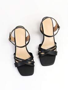 Wide Fit Women's Elegant One-Buckle Strap Square Toe Low Heel Black Sandals, Fashionable Casual Peep Toe High Heel Sandals For Summer - Black - View 6