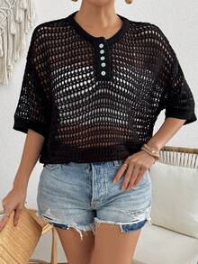 Maglia da donna a maniche corte con bottoni, a tinta unita, a goccia, ampia, in maglia leggera, casual, adatta per le vacanze estive - nero - Visualizzare 5