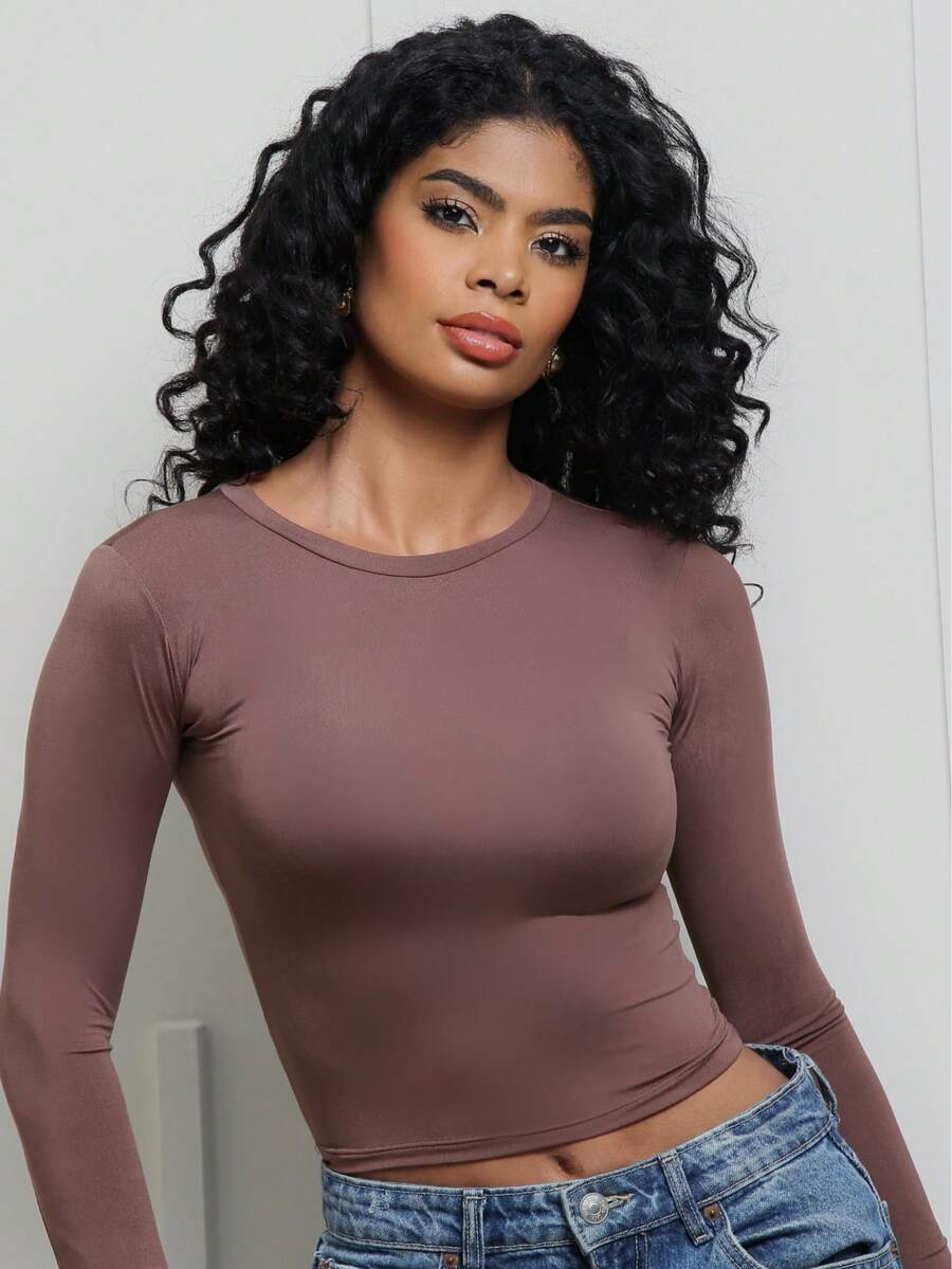 Moderna & Slim Women's Long Sleeve Blouse - Tight Compression Mid-Season - Long Sleeve Blouse - Various Colors - Rust Brown - View 1