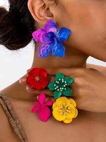 Set de 5 pares de pendientes de botón con diseño exagerado de flores y colores de dopamina, pendientes creativos y de moda adecuados para uso diario y de fiesta de mujeres, colores aleatorios